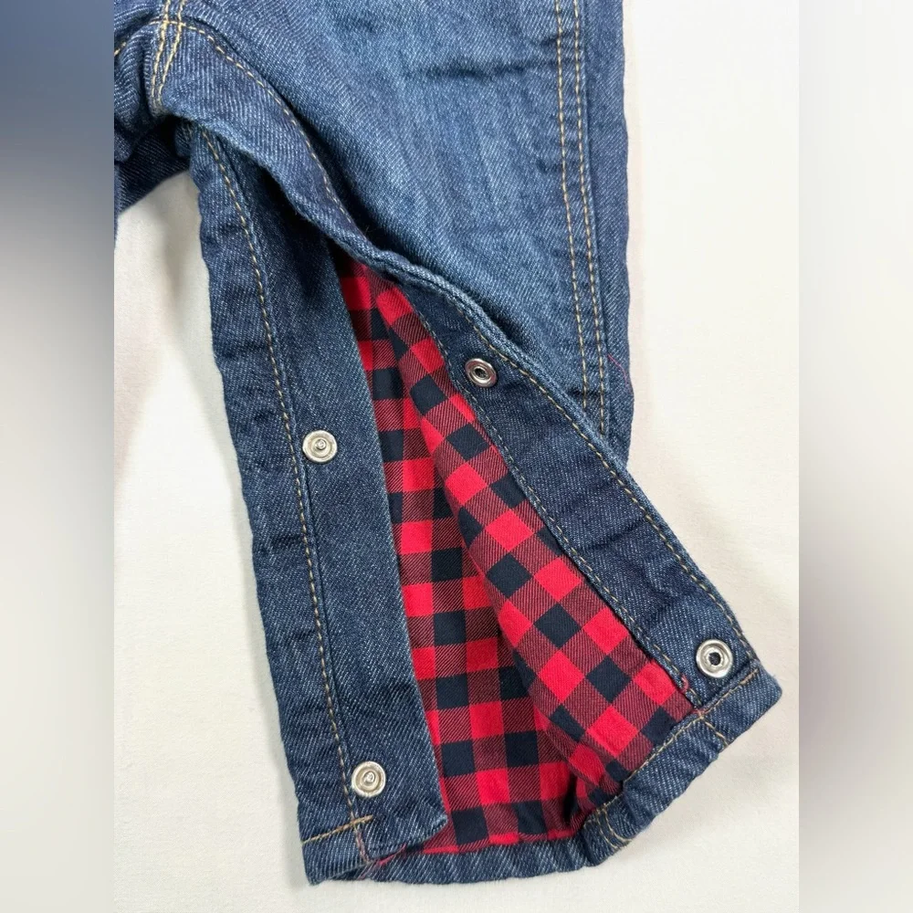 OSHKOSH B'GOSH Baby Girls' Dark Wash Heart Vestbak Red Plaid Lined Overalls 6M‎